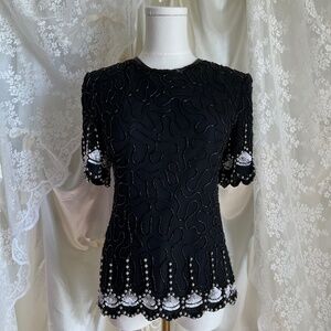 Black Fully Beaded Blouse with Faux Pearl Accents
